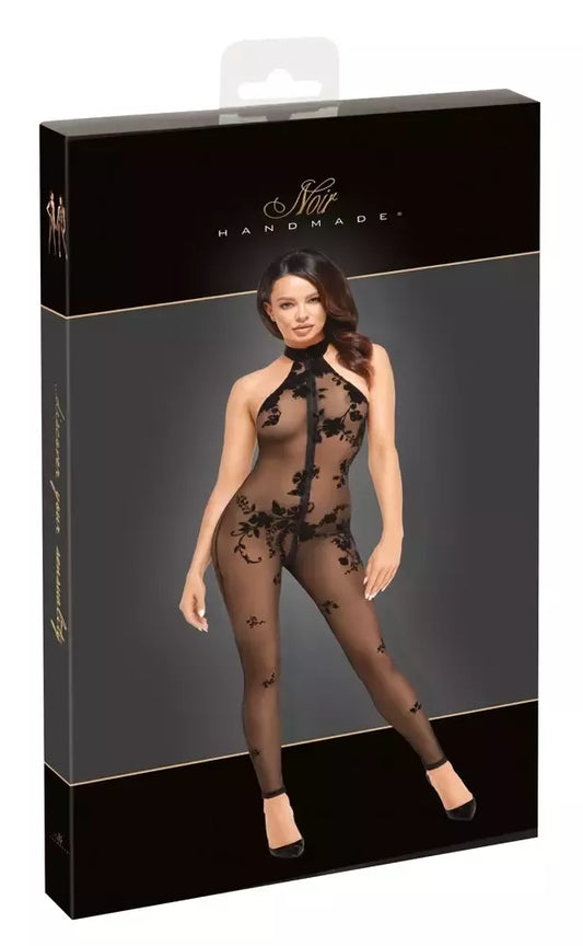 Noir Handmade tinklinis kombinezonas XL su 3 krypčių užtrauktuku ir gėlėtu veliūriniu raštu