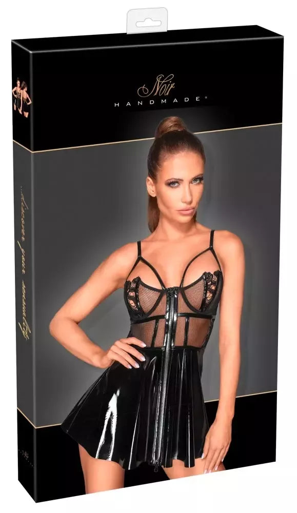 Noir Handmade vinilinė mini suknelė XL – žvilgantis platėjantis vakarėlio rūbas