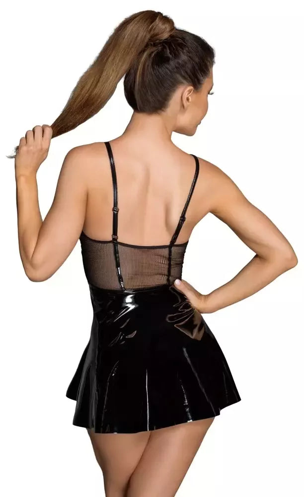 Noir Handmade vinilinė mini suknelė XL – žvilgantis platėjantis vakarėlio rūbas