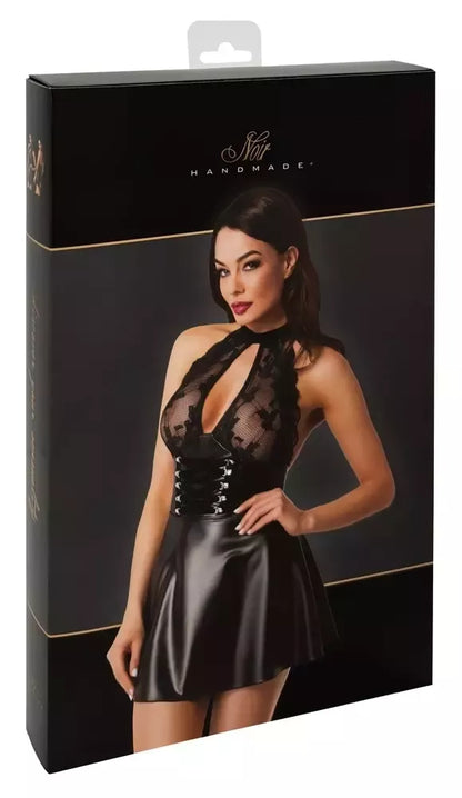 Noir Orgia Exclusive mini suknelė su kaklo dirželiu, nėriniai ir wetlook, juoda, S