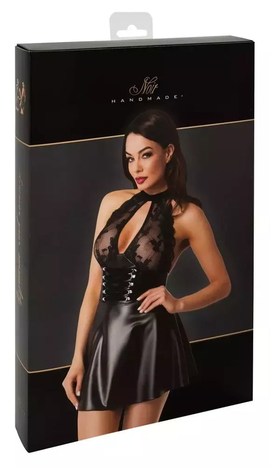 Noir Orgia Exclusive mini suknelė su kaklo dirželiu, nėriniai ir wetlook, juoda, S