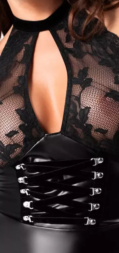 Noir Orgia Exclusive mini suknelė su kaklo dirželiu, nėriniai ir wetlook, juoda, S