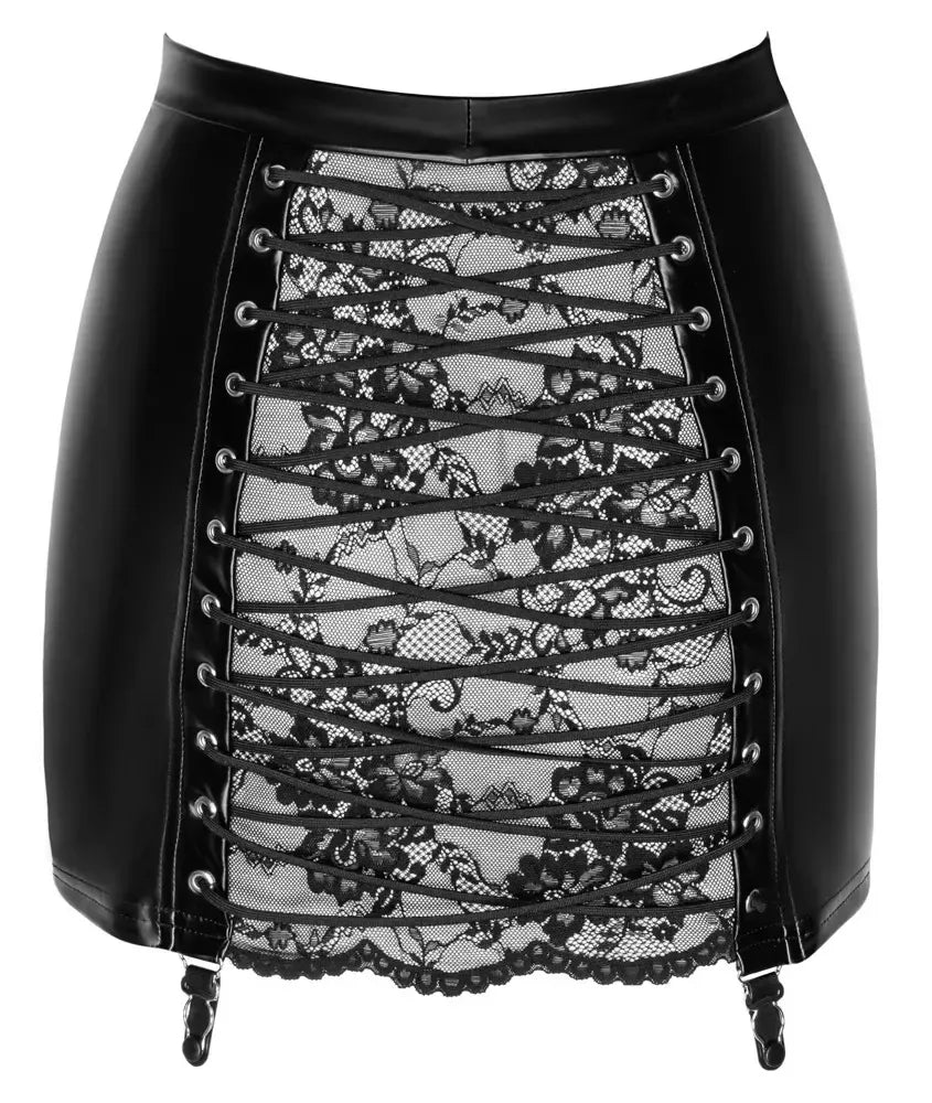 Noir Orgia Skirt S juodas powerwetlook su nėrinių detalėmis