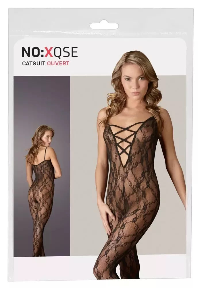 NO:XQSE Cottelli Collection nėriniuotas kombinezonas S/M su atvira nugara, juodas