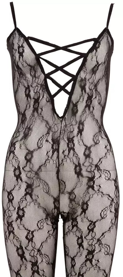 NO:XQSE Cottelli Collection nėriniuotas kombinezonas S/M su atvira nugara, juodas