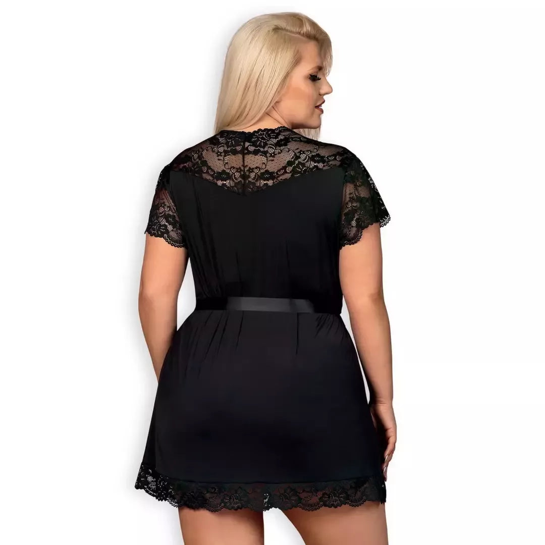 „Obsessive 810-PEI-1“ elegantas nėriniuotas chalatas, XXL, juodas, satino apdaila