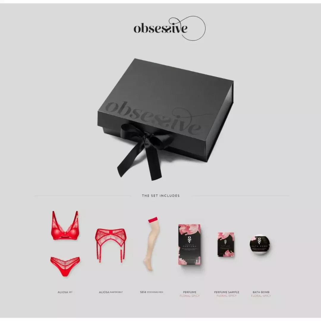 Obsessive Aliosa Gift Box Red – prabangus apatinio trikotažo rinkinys su kvepalais ir vonios bomba, L/XL