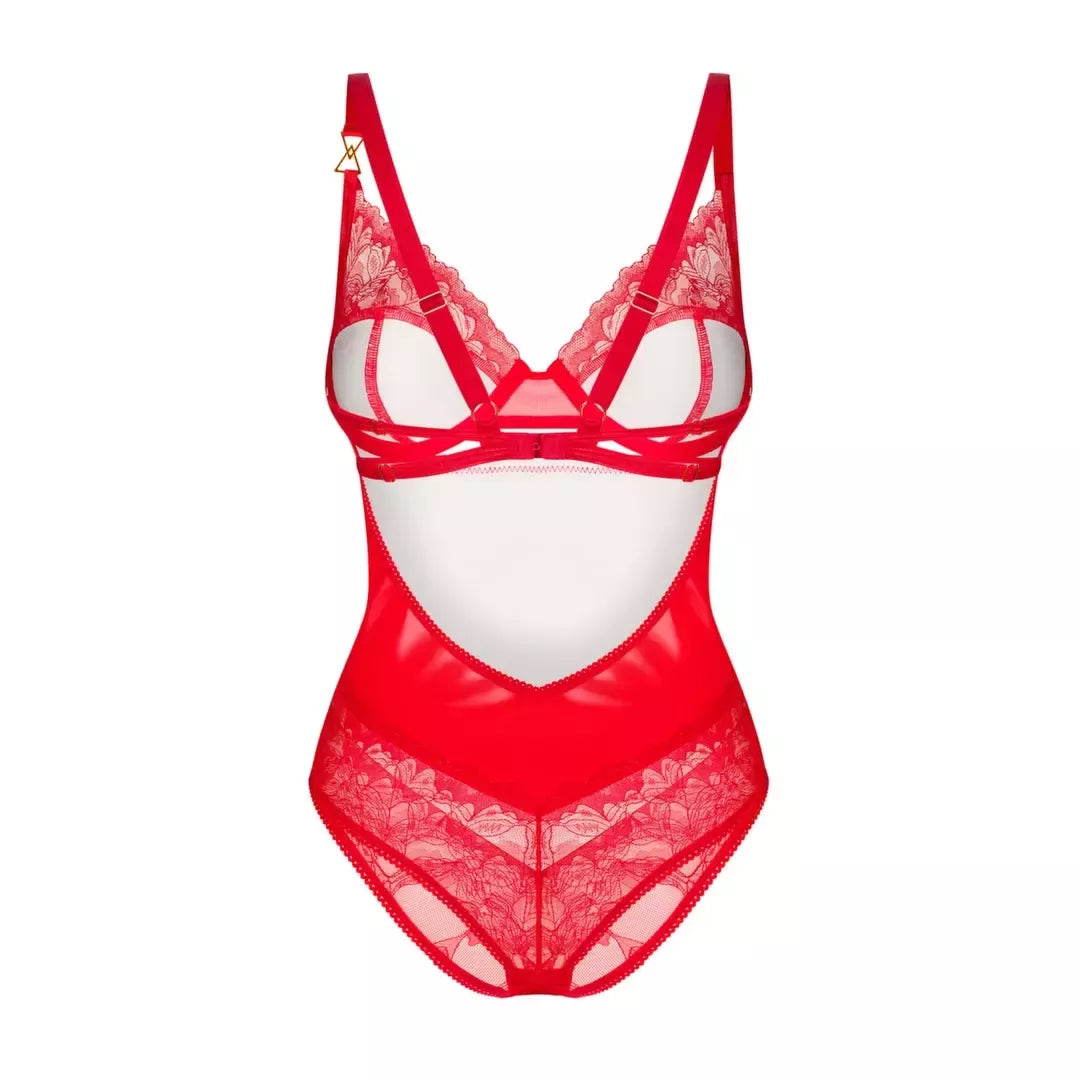 Obsessive Aliosa Teddy raudonas 2XL/3XL – elegantiškas nėriniuotas bodis su iškirpimais