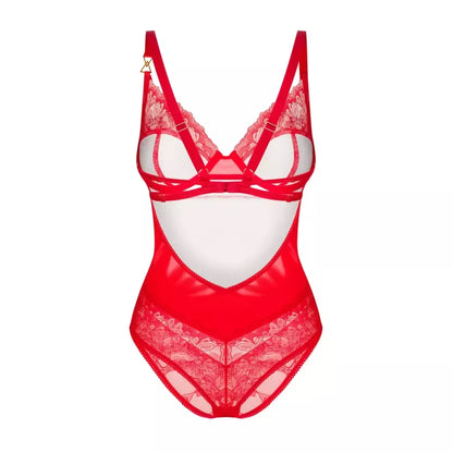 Obsessive Aliosa Teddy raudonas 2XL/3XL – elegantiškas nėriniuotas bodis su iškirpimais