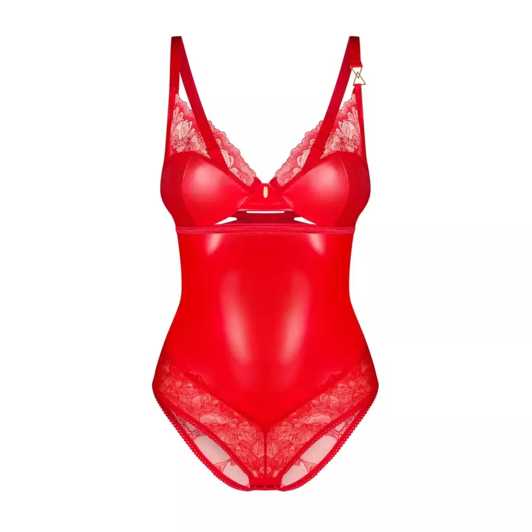 Obsessive Aliosa Teddy raudonas 2XL/3XL – elegantiškas nėriniuotas bodis su iškirpimais