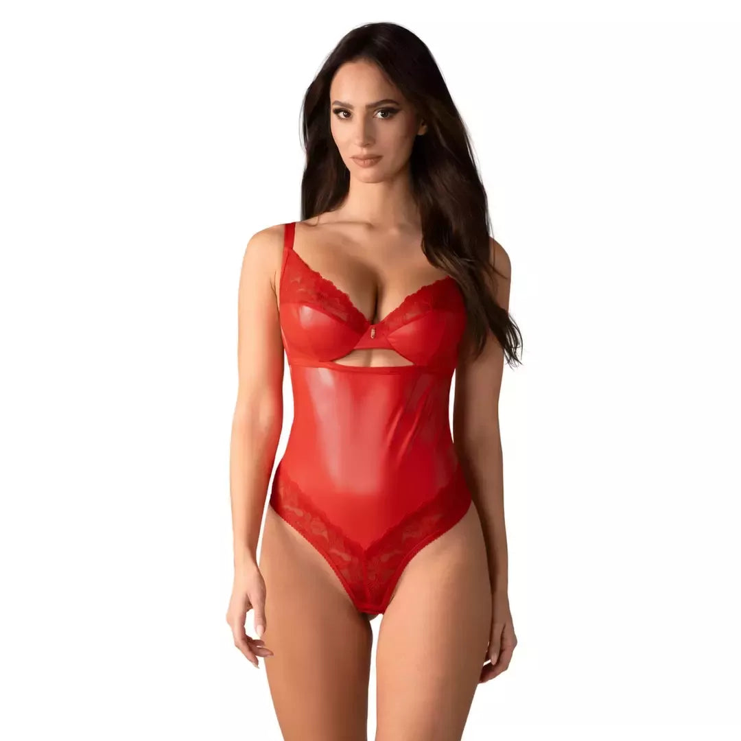 Obsessive Aliosa Teddy raudonas 2XL/3XL – elegantiškas nėriniuotas bodis su iškirpimais
