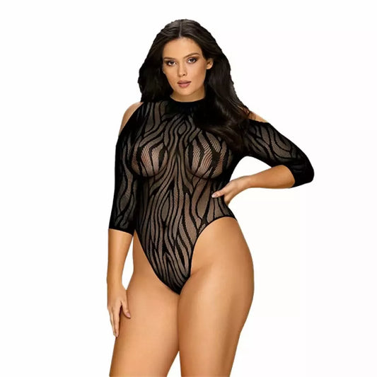 Obsessive B130 juodas bodis (Teddy) XL/XXL – elegantiškas zebro rašto kombinezonas