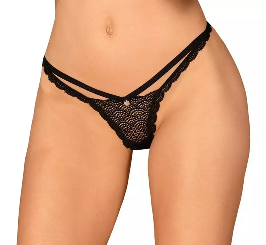 Obsessive Chemeris Black nėriniuotos styginių kelnaitės M/L - su dekoratyviniais dirželiais