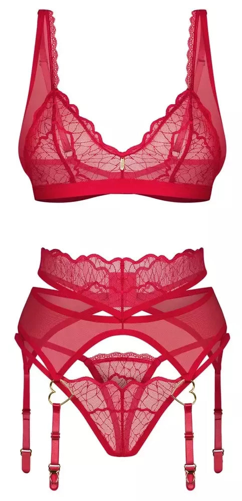 Obsessive Cupide Desir 3 dalių apatinio trikotažo rinkinys raudonas L/XL reguliuojamos petnešėlės