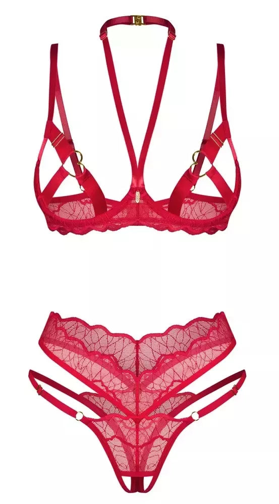 Obsessive Cupide Desir nėriniuotas liemenėlės ir kelnaičių rinkinys, raudonas, L/XL, reguliuojamas