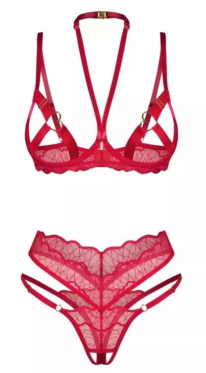 Obsessive Cupide Desir nėriniuotas liemenėlės ir kelnaičių rinkinys, raudonas, L/XL, reguliuojamas