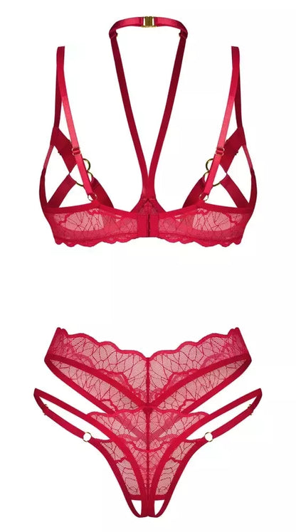 Obsessive Cupide Desir nėriniuotas liemenėlės ir kelnaičių rinkinys, raudonas, L/XL, reguliuojamas