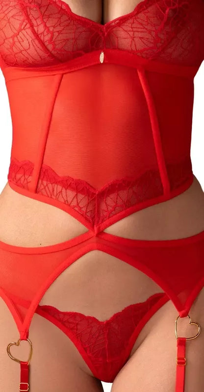 Obsessive Cupide Desir raudonų nėrinių korseto ir kelnaičių rinkinys L/XL su reguliuojamomis detalėmis