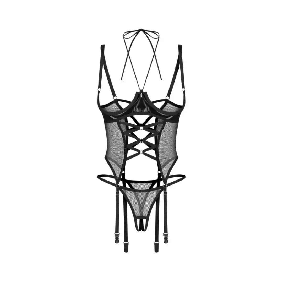 Obsessive Dominna juodas korseto komplektas su atvirais stringais, Wetlook ir tinklelio stiliaus L/XL