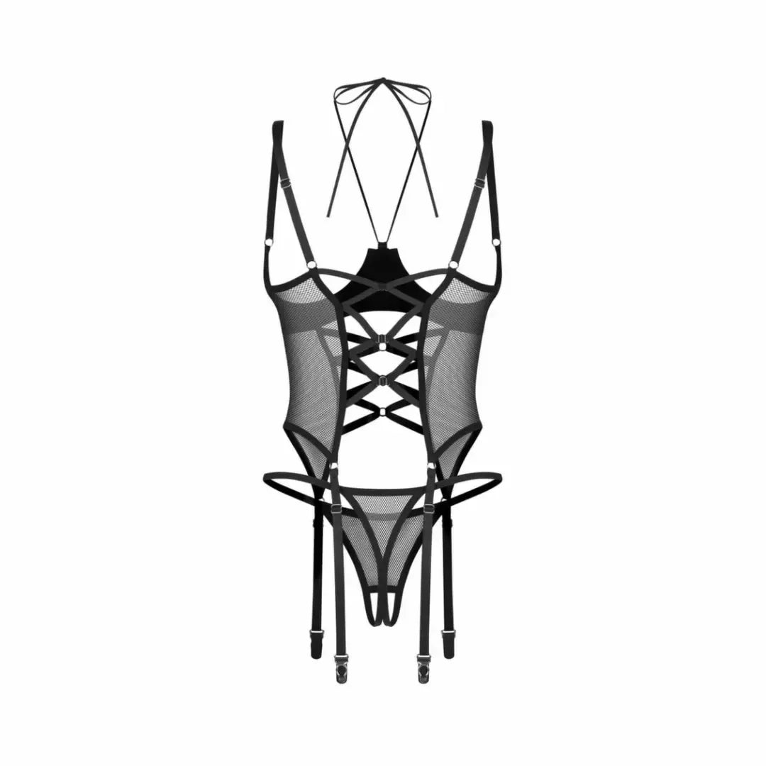 Obsessive Dominna juodas korseto komplektas su atvirais stringais, Wetlook ir tinklelio stiliaus L/XL