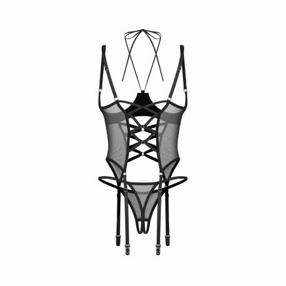 Obsessive Dominna juodas korseto komplektas su atvirais stringais, Wetlook ir tinklelio stiliaus L/XL