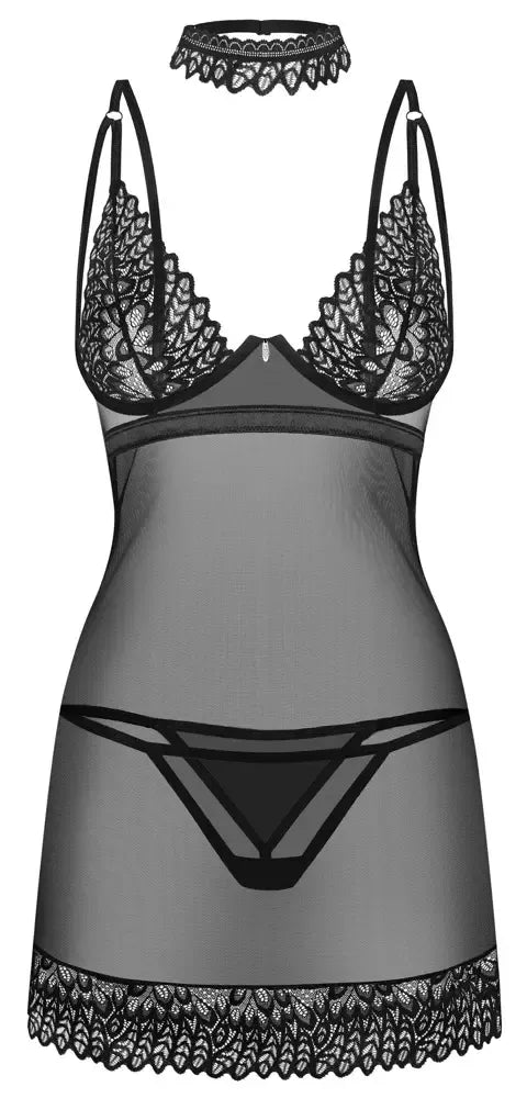 Obsessive Donarella Chemise Set XS/S - Juodas, 3 dalių, reguliuojamo dydžio
