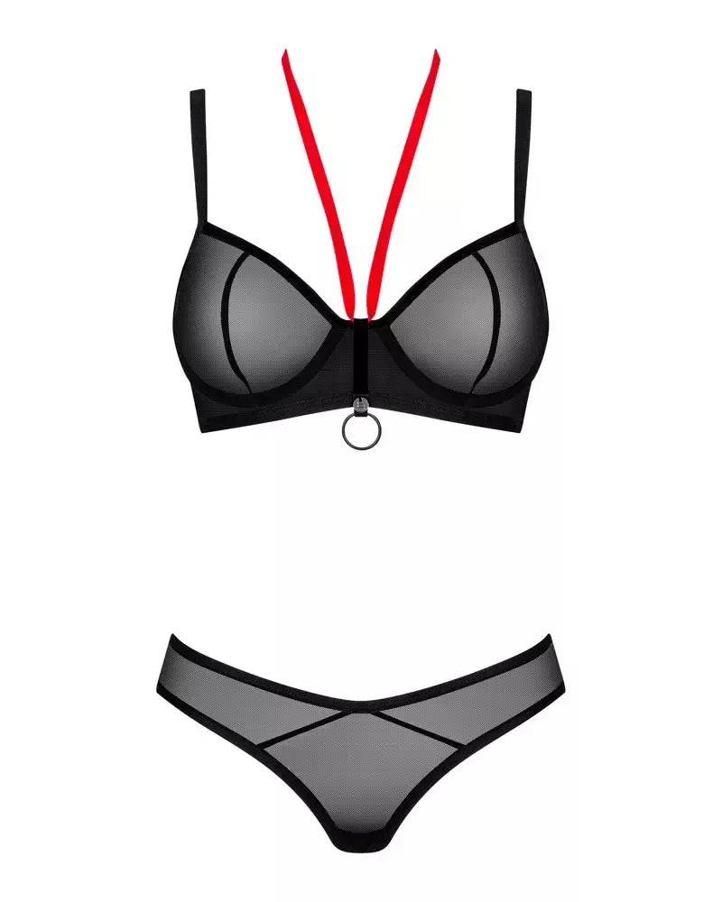 Obsessive Glandez Set XL/2XL juodas permatomas liemenėlės ir kelnaičių komplektas, reguliuojamas
