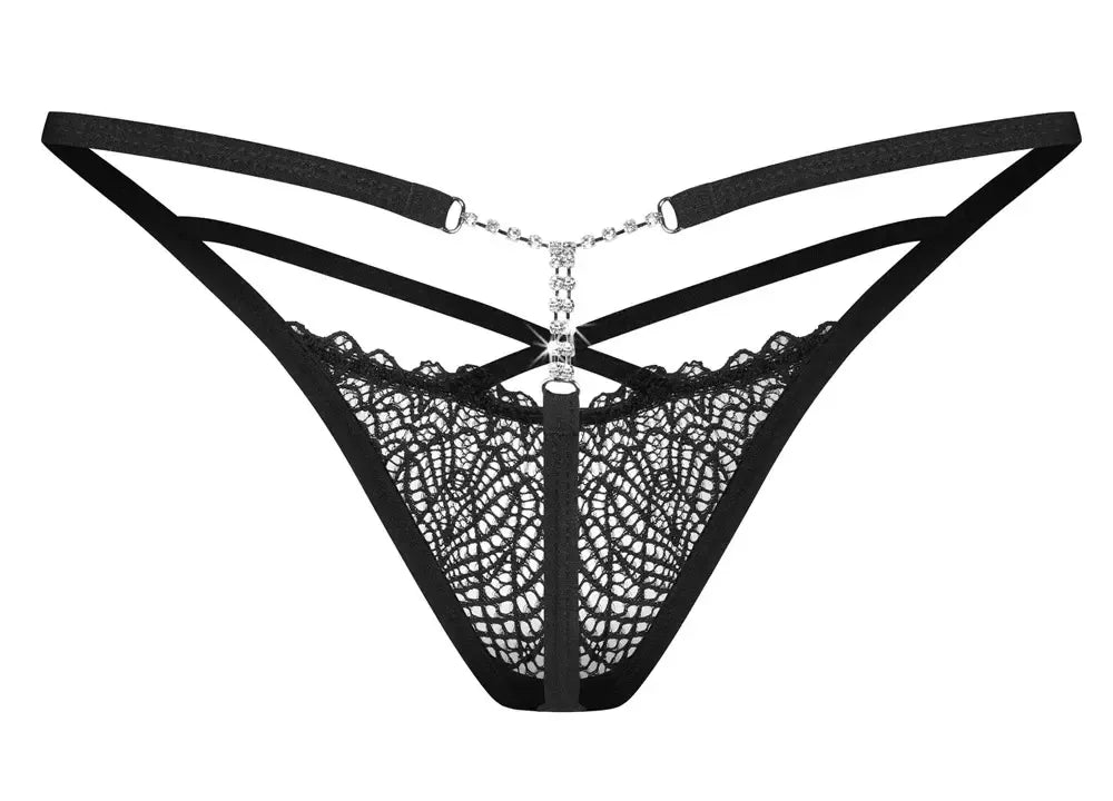 Obsessive Iliosa S/M juodos nėriniuotos stringės su dekoratyvinėmis grandinėlėmis