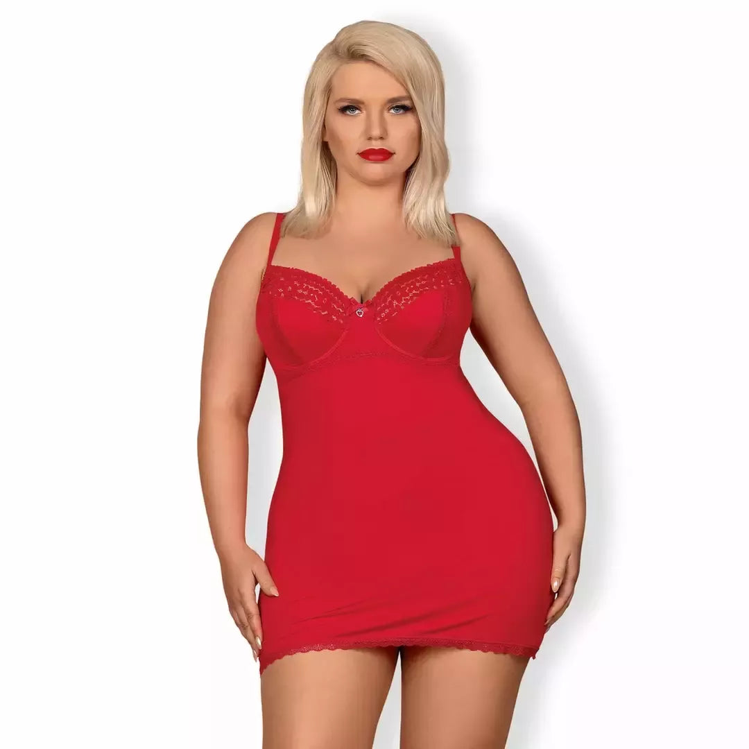 Obsessive Jolierose Chemise & Thong raudonos spalvos XXL dydis – reguliuojamas nėrinių dizainas