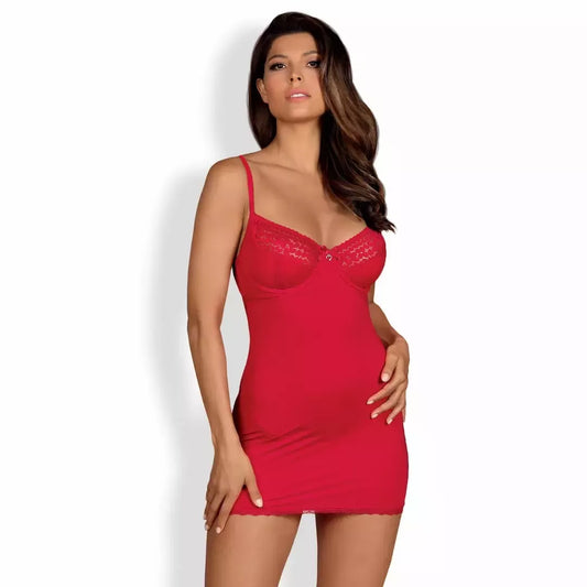 Obsessive Jolierose marškinėlių ir styginių kelnaičių komplektas, raudonas L/XL – elegantiški nėriniuoti naktiniai