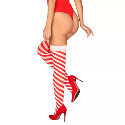 Obsessive Kissmas kojinės raudonos L/XL – šventiško dryžuoto dizaino, laikosi pačios