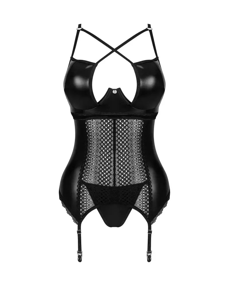 Obsessive Norides Wetlook nėriniuotas korsetas ir kelnaitės stygos, juodas, M/L
