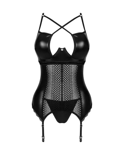 Obsessive Norides Wetlook nėriniuotas korsetas ir kelnaitės stygos, juodas, M/L