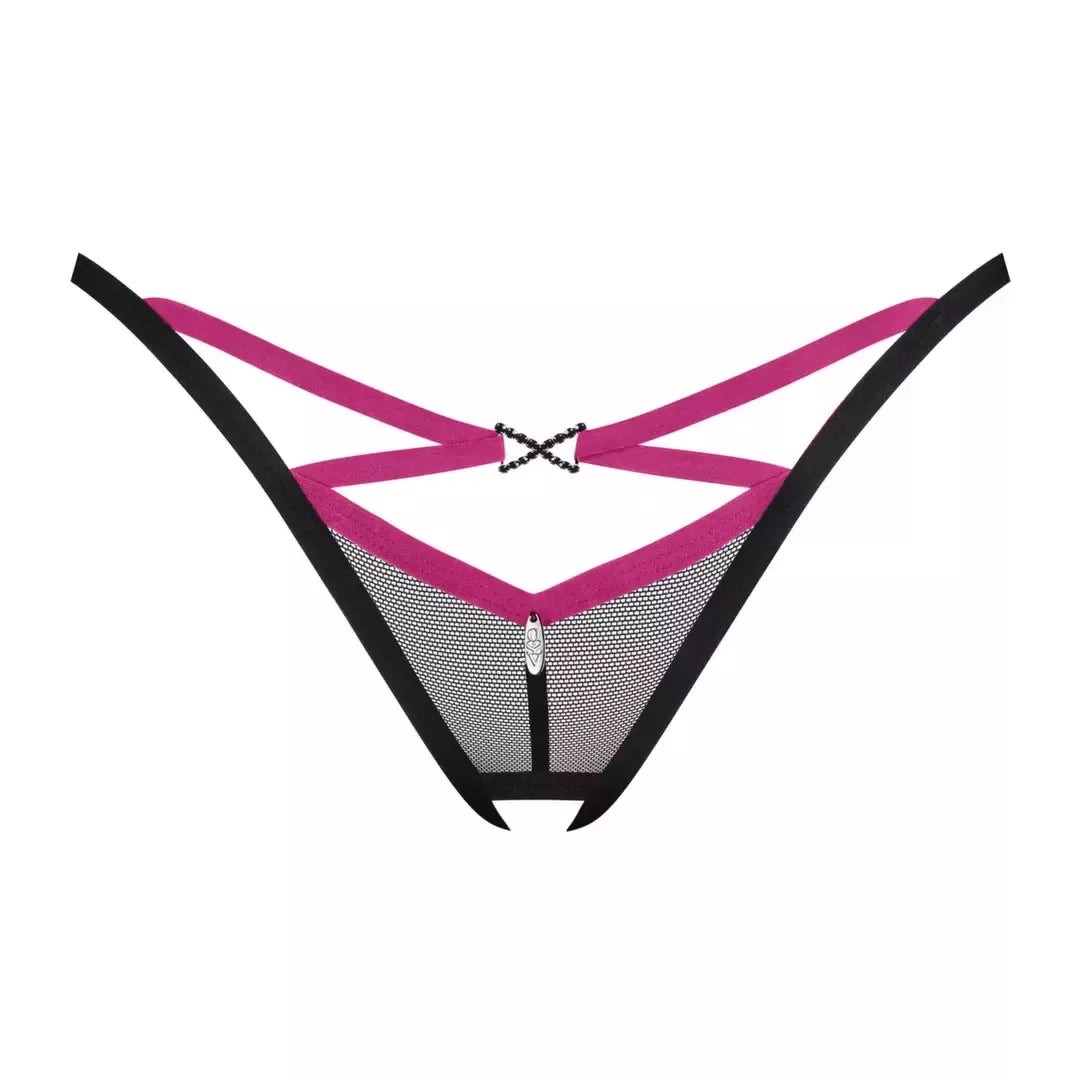 Obsessive Novenes juodi atviro tarpukojo stringai XL/2XL – elegantiškas dryžuotas akcentas
