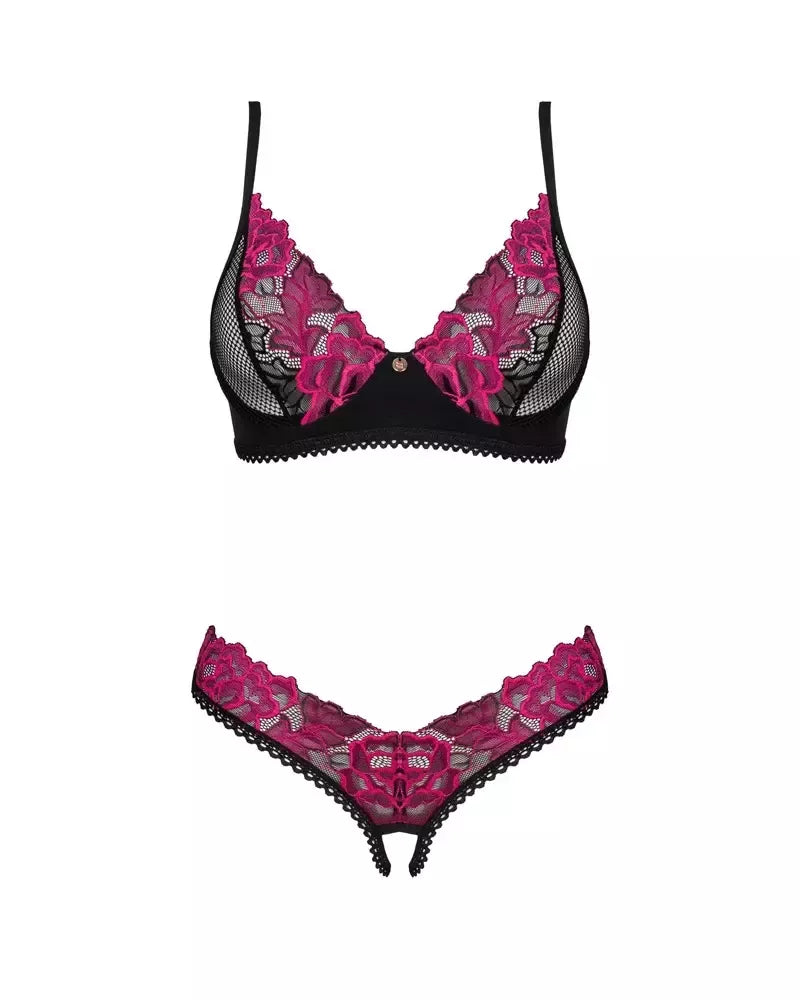 Obsessive Rosenty Set M/L – juodo tinklelio ir rausvų nėrinių apatinio trikotažo rinkinys