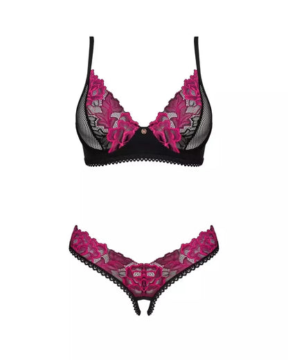 Obsessive Rosenty Set M/L – juodo tinklelio ir rausvų nėrinių apatinio trikotažo rinkinys