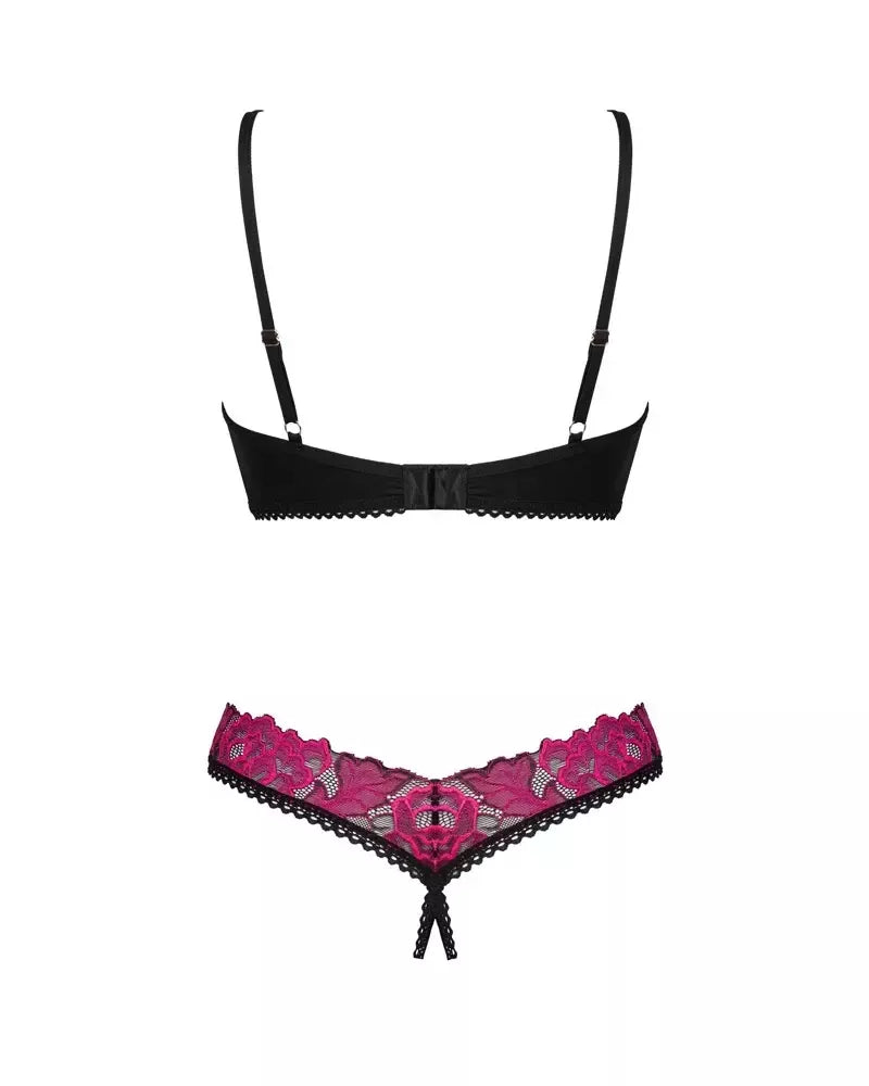 Obsessive Rosenty Set M/L – juodo tinklelio ir rausvų nėrinių apatinio trikotažo rinkinys