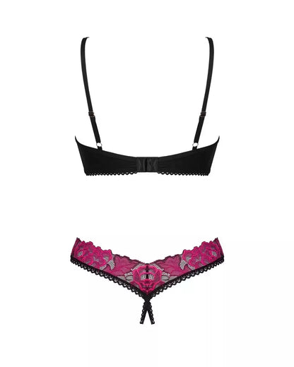 Obsessive Rosenty Set M/L – juodo tinklelio ir rausvų nėrinių apatinio trikotažo rinkinys