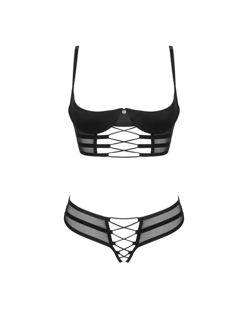 Obsessive Roxelia rinkinys XL/2XL: ilgo kirpimo liemenėlė ir atviros kelnaitės, juodos spalvos