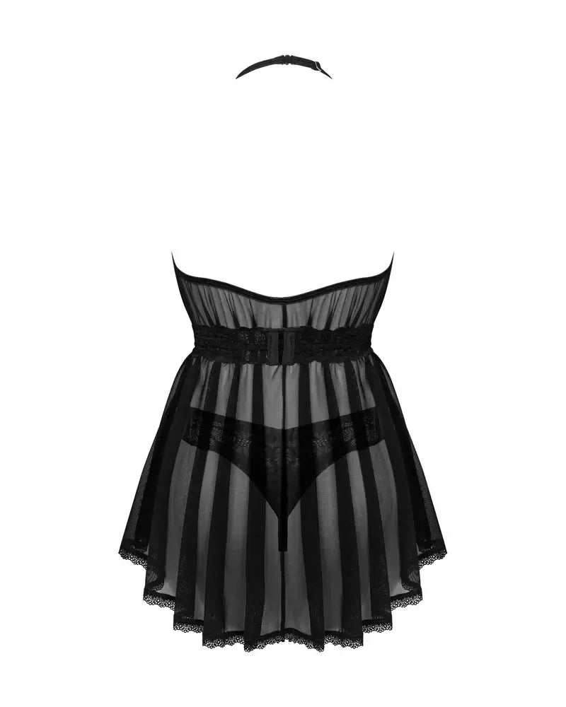 Obsessive Serafia Babydoll M/L – nėriniuotas permatomas apatinis trikotažas su surišimu aplink kaklą