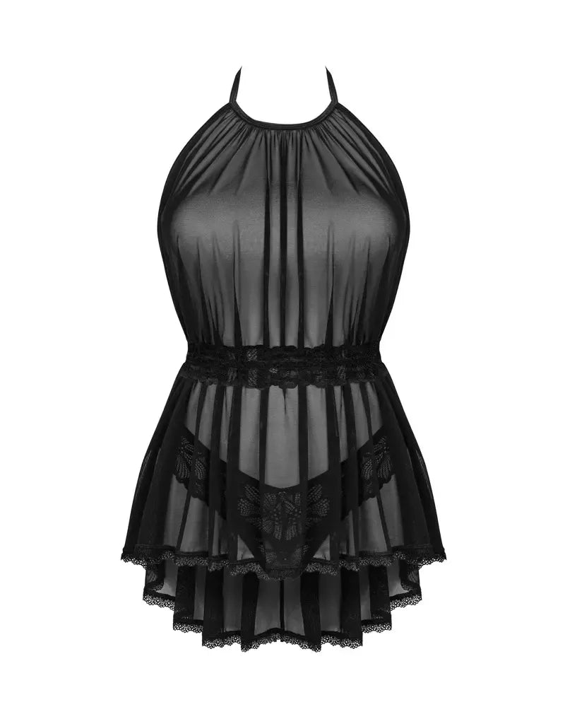 Obsessive Serafia Babydoll M/L – nėriniuotas permatomas apatinis trikotažas su surišimu aplink kaklą