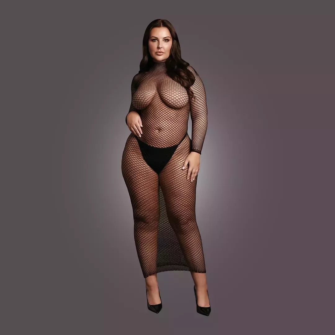 OSX juoda ilgarankovė tinklinė suknelė su apykakle, XL-4XL