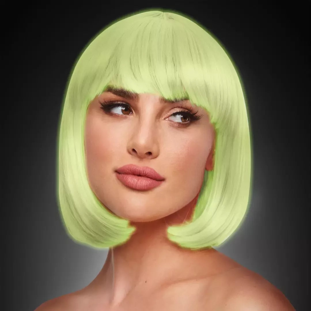Pleasure Wigs Cici rožinis tamsoje švytintis neoninis „bob“ stiliaus perukas