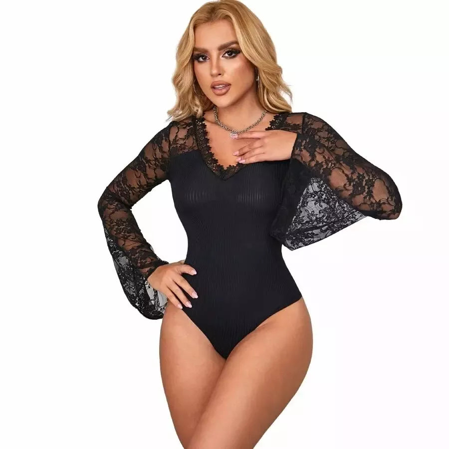 Subblime Teddy L/XL – juodas gėlėtų nėrinių ilgarankovis bodis