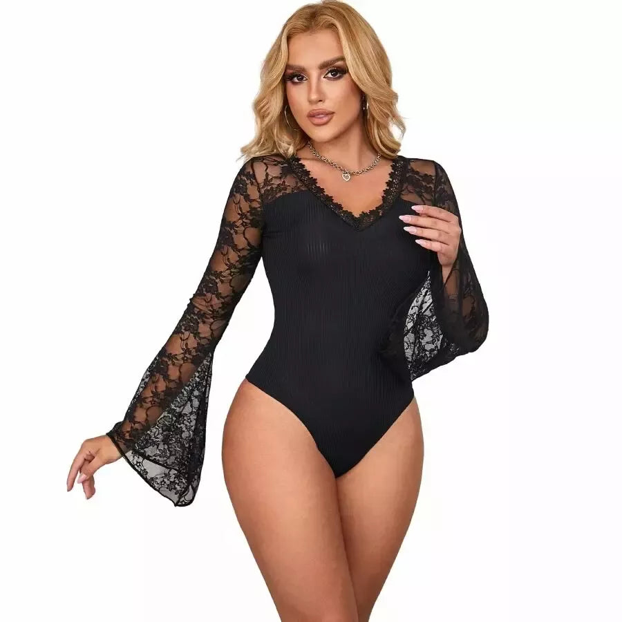 Subblime Teddy su gėlių raštu, juodas, ilgomis rankovėmis S/M – elegantiškas nėriniuotas bodis