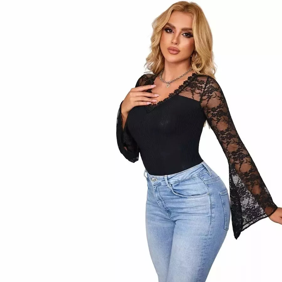 Subblime Teddy su gėlių raštu, juodas, ilgomis rankovėmis S/M – elegantiškas nėriniuotas bodis