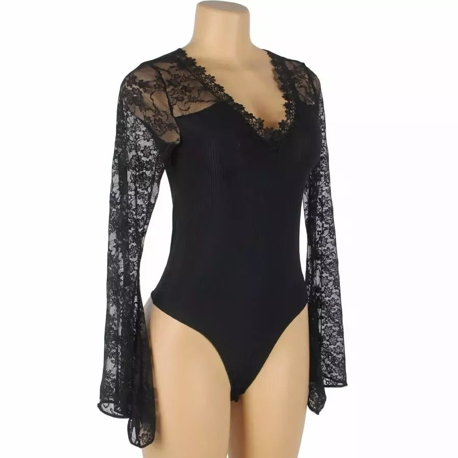 Subblime Teddy su gėlių raštu, juodas, ilgomis rankovėmis S/M – elegantiškas nėriniuotas bodis