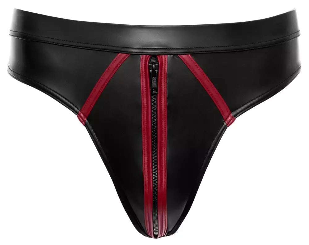 Svenjoyment 2XL dydžio vyriškos kelnaitės-tangai, juodos spalvos „wetlook“ su raudonomis detalėmis, tamprus modelis