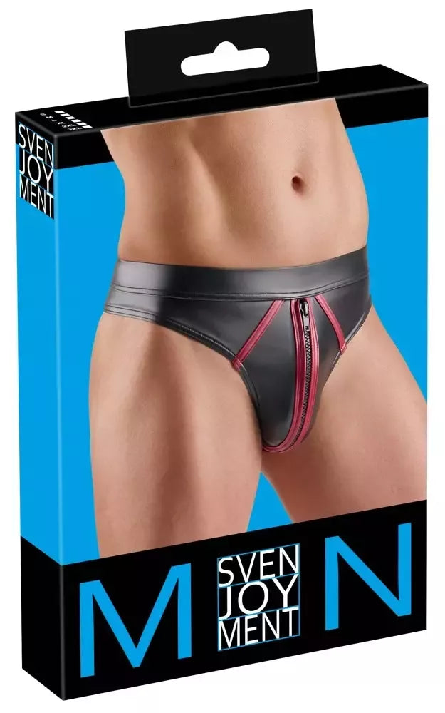Svenjoyment 2XL dydžio vyriškos kelnaitės-tangai, juodos spalvos „wetlook“ su raudonomis detalėmis, tamprus modelis