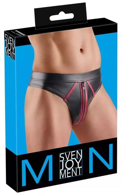 Svenjoyment 2XL dydžio vyriškos kelnaitės-tangai, juodos spalvos „wetlook“ su raudonomis detalėmis, tamprus modelis